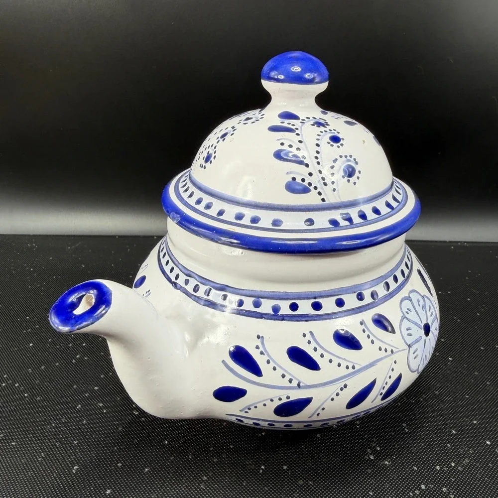 Le Souk Ceramique Teapot Sabrine Blue White Hand Painted Pottery Made in Tunisia